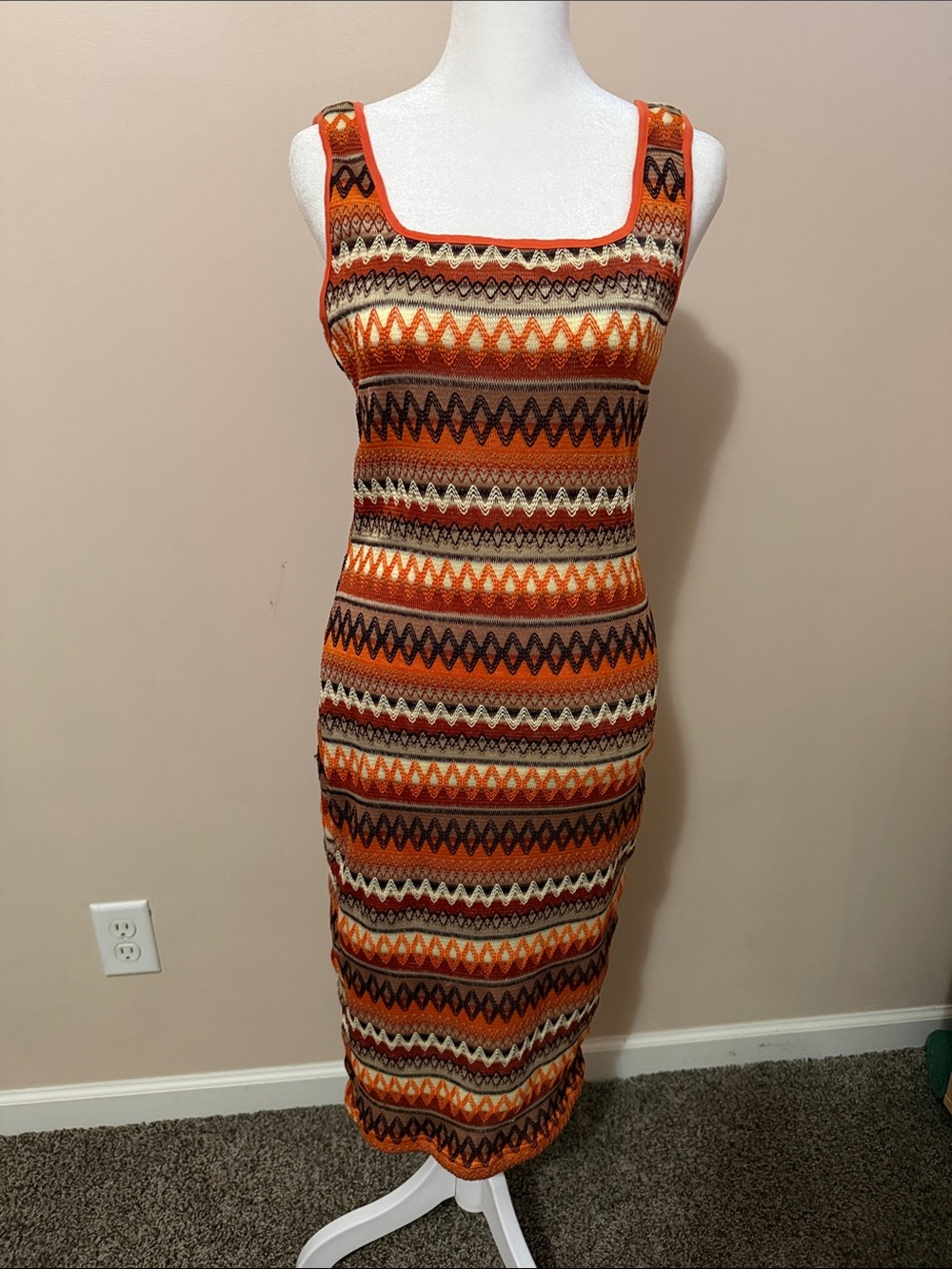 Sleeveless Orange Patterned Knit Bodycon Dress